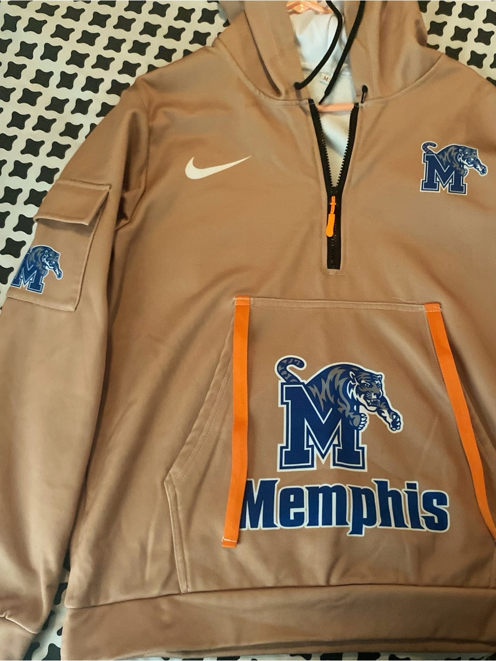 Nike Kids Tan Memphis Pullover Hoodie with Blue Logo and Orange Trim